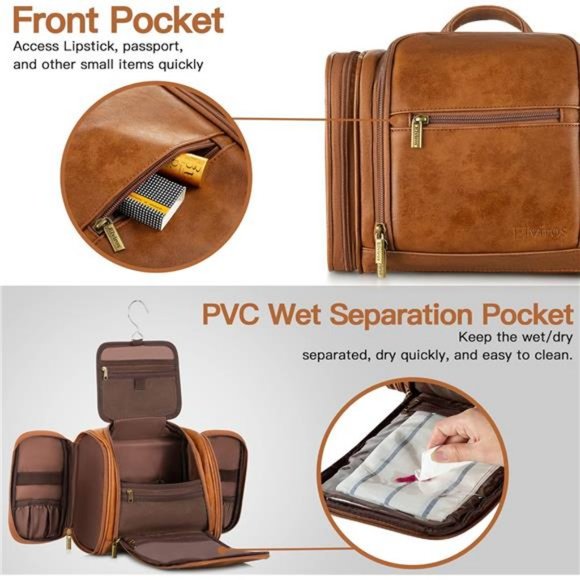 Travel Hanging Toiletry Bag for Women and Men, PU Leather Toiletries Organizer - Picture 4 of 7